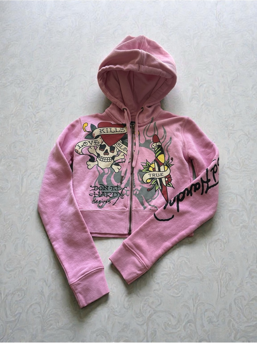 Ed Hardy Pink Cropped Zip-Up Hoodie XS Love Kills Slowly Tiger Y2K